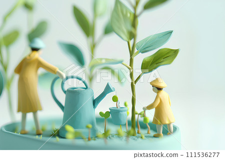 母親和孩子給豆芽澆水-2 (3D) 111536277