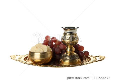 PNG, Cup, bread and grapes on golden tray, isolated on white background PNG, Cup, bread and grapes on golden tray, isolated on white background 111536372