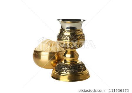 PNG, Bread in bowl and golden cup, isolated on white background PNG, Bread in bowl and golden cup, isolated on white background 111536373