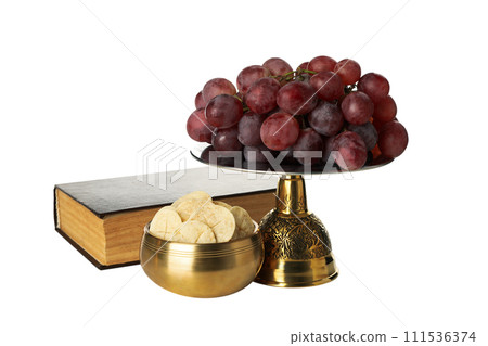 PNG, Bread in bowl, grapes and book, isolated on white background PNG, Bread in bowl, grapes and book, isolated on white background 111536374