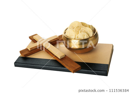 PNG, Bread and wooden crosses on book, isolated on white background PNG, Bread and wooden crosses on book, isolated on white background 111536384