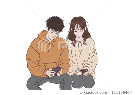 操縱智能手機的一對年輕夫婦 111536404