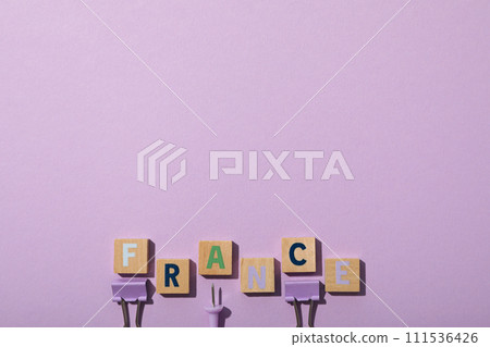 Beret with the word France on a purple background. 111536426