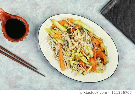 Chinese salad with enoki mushrooms. Chinese salad with enoki mushrooms. 111536703