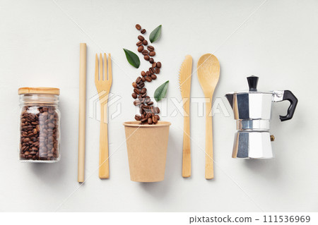 Coffee Setup with Beans, Cup, and Moka Pot 111536969