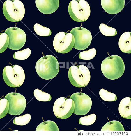 Watercolor seamless repeat pattern with green fruit apple. Hand drawn food illustration. For wrapping wallpaper fabric textile 111537130