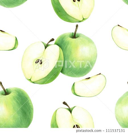 Watercolor seamless pattern with green fruit apple. Hand drawn food illustration isolated on white background. For wrapping wallpaper fabric textile 111537131