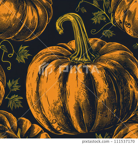AI-generated content. Autumn Harvest: Pumpkin Patch, Halloween Doodle, and Colorful Maple Leaves on Seamless Background 111537170