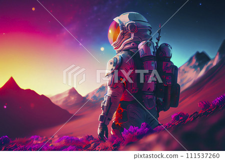 Alien planet with a spaceman, sci-fi ai illustration Alien planet with a spaceman, sci-fi ai illustration 111537260