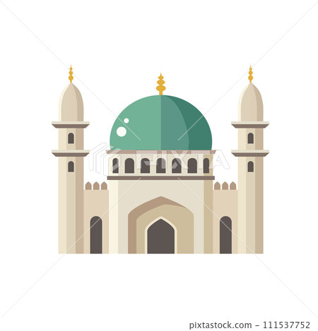 Muslim mosque with minaret towers. Architectural dome. Symbol of islam religion. Flat design icon. Isolated vector illustration for holiday Ramadan, Eid al Adha or Eid ul Fitr. Arabic style 111537752