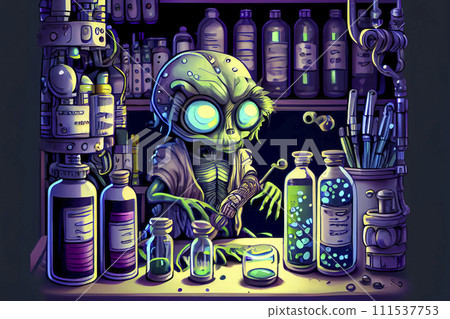 Humanoid alien working in research laboratory, ai illustration 111537753
