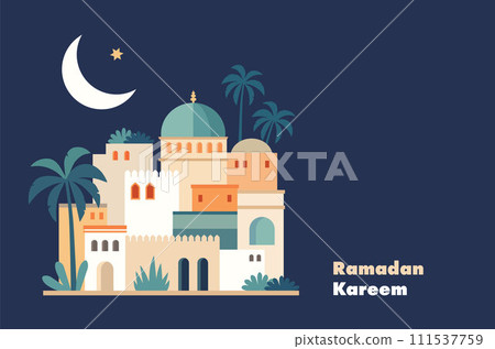 Greeting card, invitation for muslim holiday Ramadan Kareem. Colorful arab houses, date palm trees. Moon, stars at night. Vector illustrations, flat design. Template, copy space. Festive web banner. 111537759