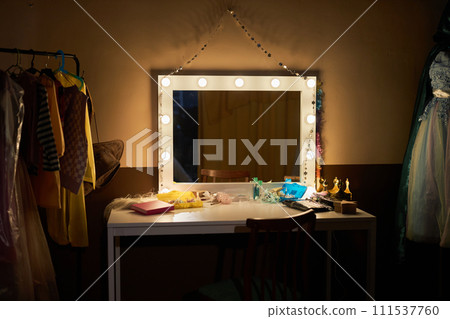 Background image of vanity mirror backstage in theater dressing room with dim light copy space Background image of vanity mirror backstage in theater dressing room with dim light copy space 111537760