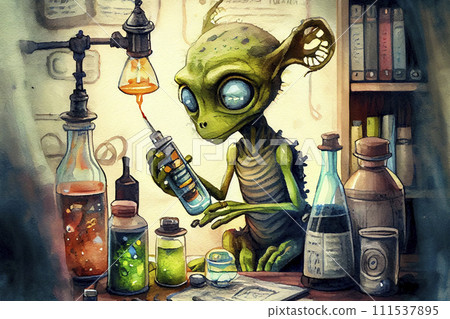 Humanoid alien working in research laboratory, ai illustration 111537895