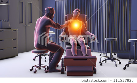 A male patient experiencing heart pain, 3D illustration 111537923