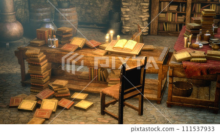 A medieval room full of antique books, 3D illustration 111537933