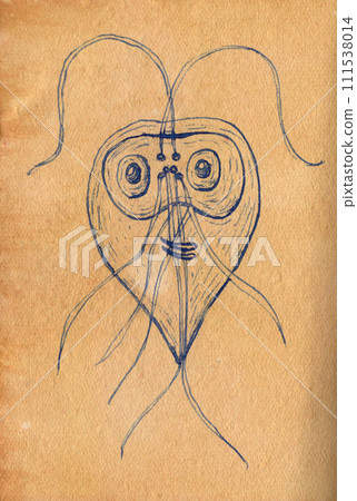 Scientific pen and ink illustration of Giardia intestinalis protozoan on aged paper, evoking the style of medieval medical drawings. Scientific pen and ink illustration of Giardia intestinalis protozoan on aged paper, evoking the style of medieval medical drawings. 111538014