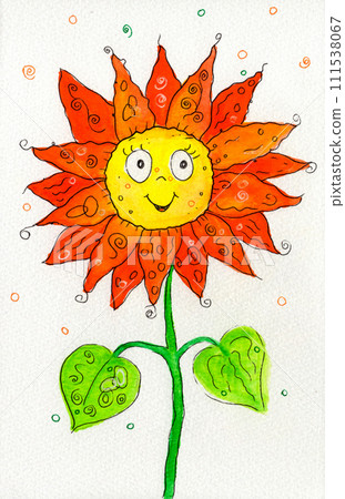 Cheerful hand-drawn watercolor illustration of a radiant, smiling flower in vivid colors 111538067