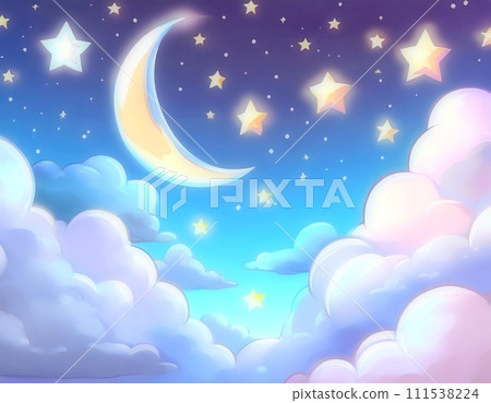 景觀與夜空和雲彩與浮動的月亮。插畫風格。 AI 生成影像。 景觀與夜空和雲彩與浮動的月亮。插畫風格。 AI 生成影像。 111538224