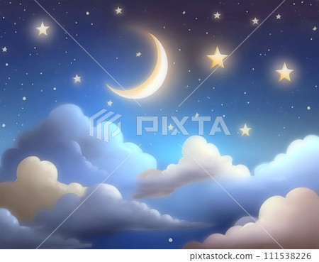景觀與夜空和雲彩與浮動的月亮。插畫風格。 AI 生成影像。 111538226