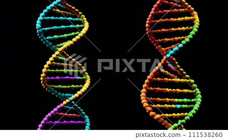 AI-generated content. Interplay of Colorful DNA Strands on Black AI Generated 111538260