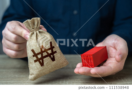 Ship container and south korean won money bag. Transportation and freight of goods and cargo through ports or overland routes. Trade and delivery. Distribution logistics worldwide. Ship container and south korean won money bag. Transportation and freight of goods and cargo through ports or overland routes. Trade and delivery. Distribution logistics worldwide. 111538948