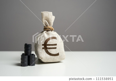Oil barrels and euro money bag. Buying futures for sale. Profit from the sale of energy resources and petroleum products. Surplus budget. Trade and transportation of oil. Oil barrels and euro money bag. Buying futures for sale. Profit from the sale of energy resources and petroleum products. Surplus budget. Trade and transportation of oil. 111538951