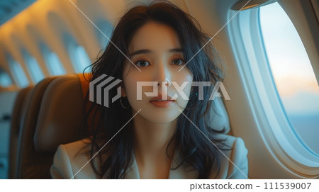 AI-generated content. An Asian woman sits in an airplane seat looking out the window on her way to go on a vacation AI-generated content. An Asian woman sits in an airplane seat looking out the window on her way to go on a vacation 111539007