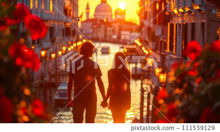 AI-generated content. Vacationing tourists in Venice, Italy - Two lovers have fun on a city street at sunset - Tourism and love concept 111539129