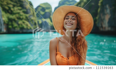 AI-generated content. Summer holiday outdoor vacation trip with a happy traveler woman in summer dress joy fun relaxing on a boat, Maya beach, Phi Phi island, Tourism Phuket, Krabi, Thailand, a AI-generated content. Summer holiday outdoor vacation trip with a happy traveler woman in summer dress joy fun relaxing on a boat, Maya beach, Phi Phi island, Tourism Phuket, Krabi, Thailand, a 111539163
