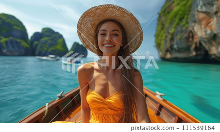 AI-generated content. Traveler in summer dress enjoying relaxing on the boat at Maya beach on Phi Phi island, Tourism Phuket, Krabi, Travel Thailand, Beautiful destination Asia, Summer holiday outdoor AI-generated content. Traveler in summer dress enjoying relaxing on the boat at Maya beach on Phi Phi island, Tourism Phuket, Krabi, Travel Thailand, Beautiful destination Asia, Summer holiday outdoor 111539164