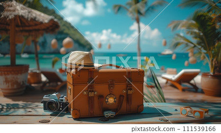 AI-generated content. This summer holiday traveling concept design banner with copyspace has a vintage suitcase, a hipster hat, a photo camera and passport on a wooden deck with a tropical sea, beach 111539166