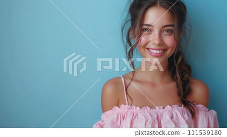 AI-generated content. Happy pretty latin woman holding mobile phone, shopping online on cellphone, using apps on cellphone, standing isolated on blue background. AI-generated content. Happy pretty latin woman holding mobile phone, shopping online on cellphone, using apps on cellphone, standing isolated on blue background. 111539180