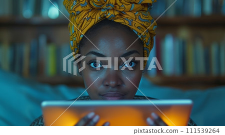 AI-generated content. Isolated African woman holding digital tablet on gray background, student using educational websites for work, freelancer working remotely on the internet, freelancer doing 111539264