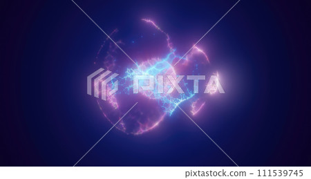 Purple energy magic circle, sphere, ball made of futuristic waves and lines of particles of atomic energy and electricity force field. Abstract background 111539745