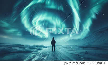 AI-generated content. An unidentified traveler is shown standing in cave and admiring green, majestic polar lights during a tour through Iceland 111539891