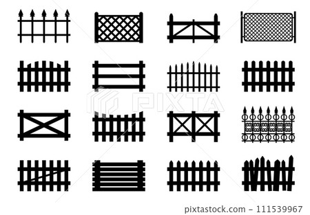 Fences set, picket, wooden and wire garden fence, park or yard obstruction, vector 111539967