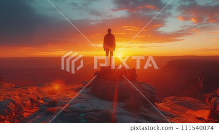 AI-generated content. Sunset on a desert rock with a young man standing there 111540074