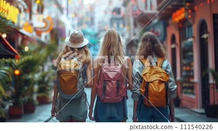 AI-generated content. Beautiful girls looking for direction in the city. Fun, friends, travel, and tourism concept. 111540226