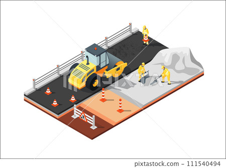 Isolated vector isometric road construction scene with workers, road roller and different layers of asphalt. 111540494