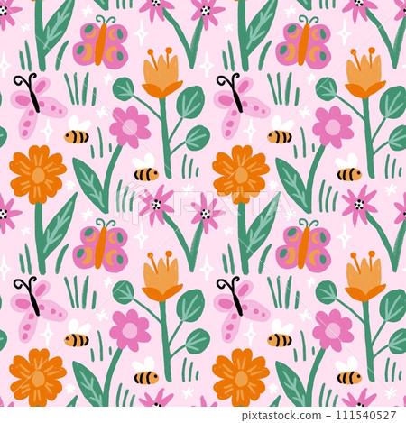 Hand drawn seamless pattern with colorful charcoal flowers bees butterflies. Bright funny print for nursery kids chuildren, blue pink orange colors, simple illustration for fabric wrapping paper. 111540527