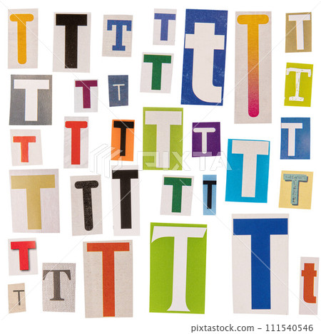 Letter T cut out from newspapers 111540546