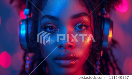 AI-generated content. Fashion models wearing chroma clothing and headphones with futuristic style, gen-z makeup and technological aesthetics of young people isolated in a studio. 111540567