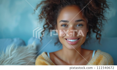 AI-generated content. Isolated on blue background, young happy pretty latina holds cellphone device while doing e-commerce online shopping on cell phone. 111540672