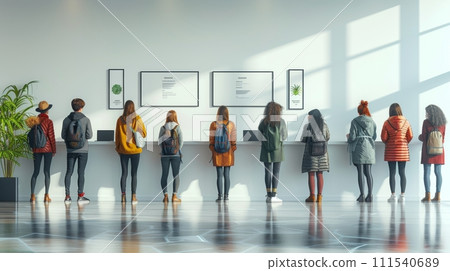 AI-generated content. People standing in line with technology with background of waiting room, diversity, and corporate employees on smartphones, laptops, and tablets. 111540689