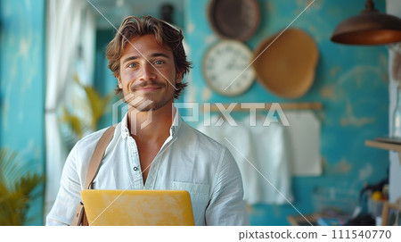 AI-generated content. Isolated on blue, a portrait of a young modern businessman standing holding a laptop and smiling at the camera AI-generated content. Isolated on blue, a portrait of a young modern businessman standing holding a laptop and smiling at the camera 111540770