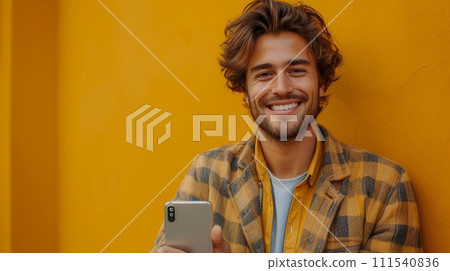 AI-generated content. Excited casual guy leans against big smartphone with empty blank white display. He displays thumbs up gesture, recommends great new app or website. Mock-up, full body length 111540836