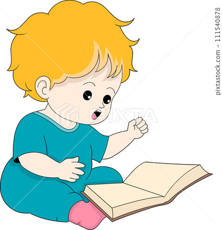 educational cartoon doodle illustration, toddler boy is sitting reading a story book 111540878