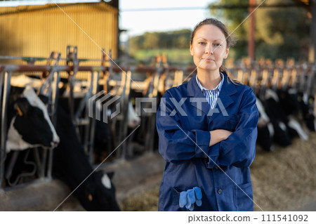 Smiling woman farmer posing in cowshed near stall with cows 111541092