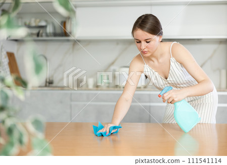 Smiling housewife with rag and detergent spray polish cleans dining table from grease and dirt Smiling housewife with rag and detergent spray polish cleans dining table from grease and dirt 111541114